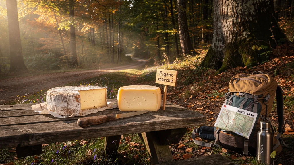 Comparaison réaliste d’un fromage du marché de Figeac et d’un fromage de ferme pour repas de randonnée
