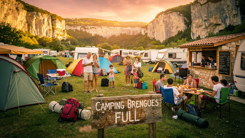 Camping complet au camping de Brengues un week-end d’août, frustration et foule sous lumière dorée