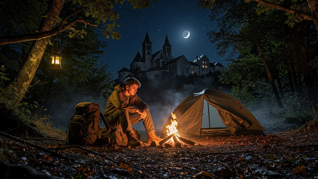 Bivouac nocturne difficile à Saint-Sulpice sous une lumière de lune tamisée et un feu de camp chaleureux
