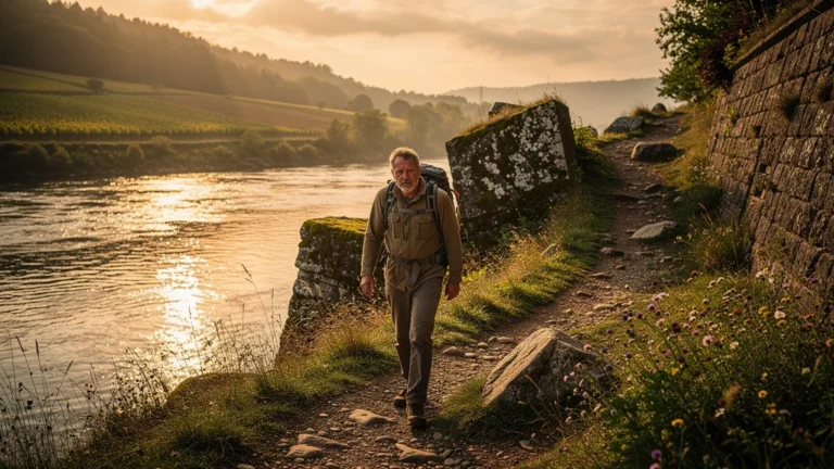 Randonneur seul dans la vallée du Lot au coucher de soleil sans âne, paysage naturel et sentier escarpé