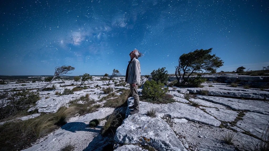 Causse de Gramat sous un ciel étoilé d’été, vent frais et paysage naturel spectaculaire la nuit