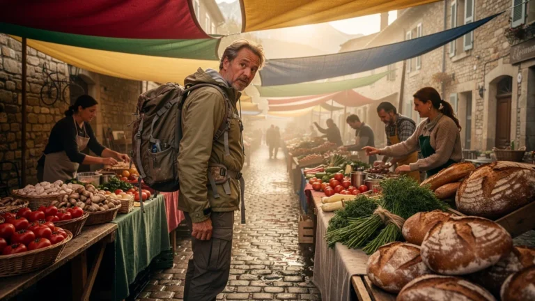 Marché de Figeac animé un samedi matin pour composer un repas de randonnée frais et authentique