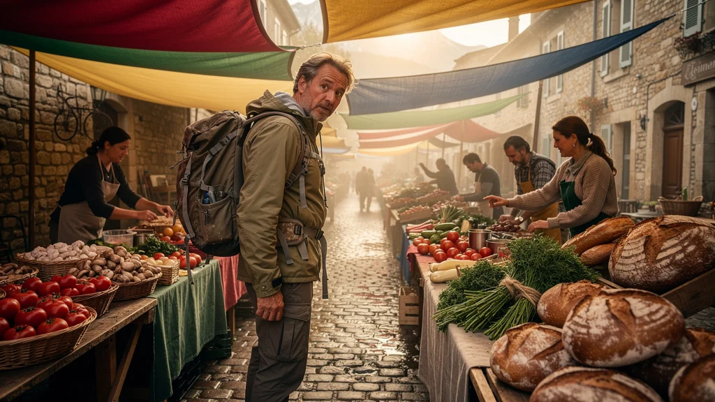 Marché de Figeac animé un samedi matin pour composer un repas de randonnée frais et authentique