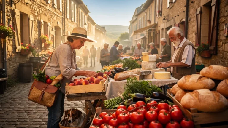 Marché de Figeac le matin avec sacoches remplies de produits frais pour trois jours