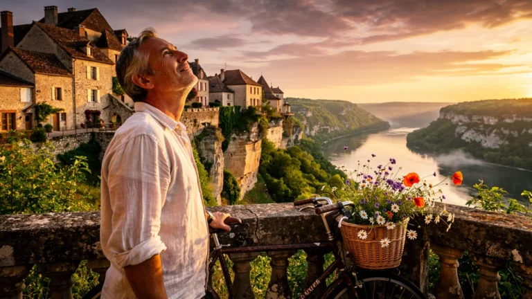 Vue spectaculaire du soir à Saint-Cirq-Lapopie au-dessus du Lot avec Gustave, coucher de soleil et village médiéval