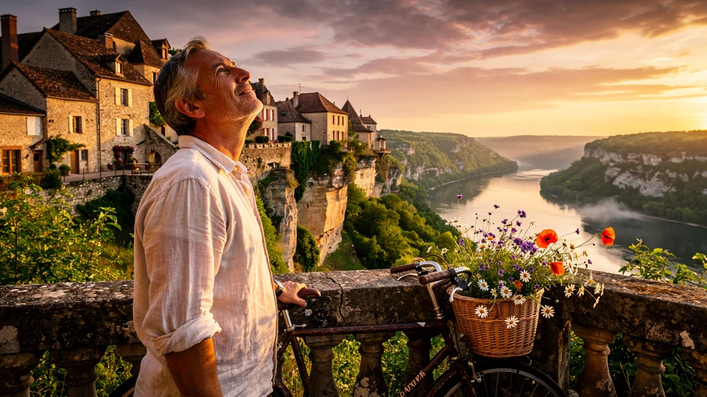 Vue spectaculaire du soir à Saint-Cirq-Lapopie au-dessus du Lot avec Gustave, coucher de soleil et village médiéval