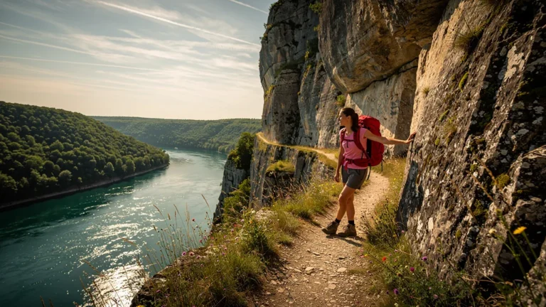 Sentier au-dessus du Célé à Brengues longeant la falaise, surprise face au vide, randonnée nature spectaculaire