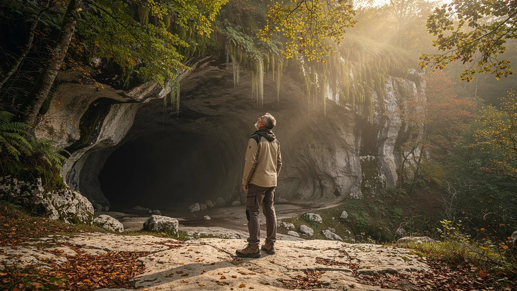 Gustave stoppé devant l'entrée de la grotte du Pech Merle dans un silence impressionnant