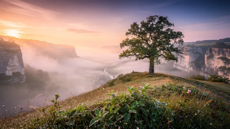 Brouillard du matin effaçant la vallée du Célé, paysage brumeux et lumière douce au lever du jour