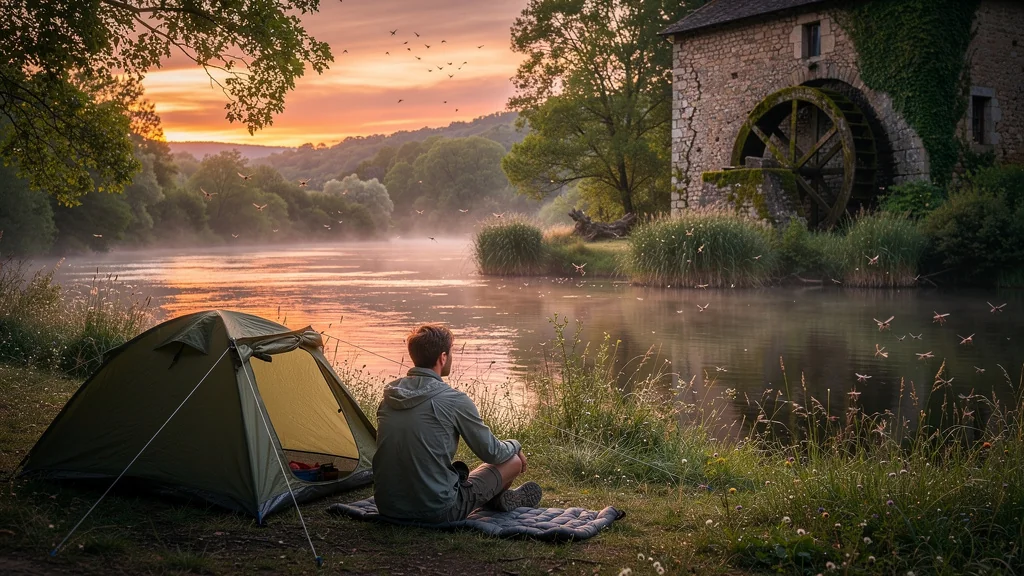 Bivouac estival près d’un moulin du Célé avec rivière, rosée et moustiques en soirée