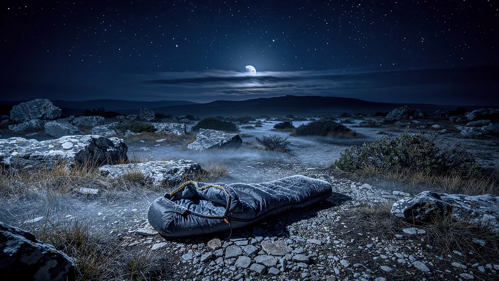 Nuit froide de mai sur le causse avec sac de couchage trop léger abandonné, paysage rocheux et ciel étoilé