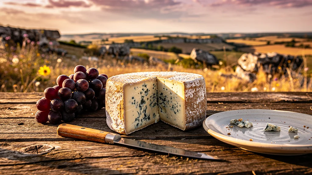 Fromage Bleu des Causses artisanal sur table en bois avec paysage naturel du causse au coucher du soleil
