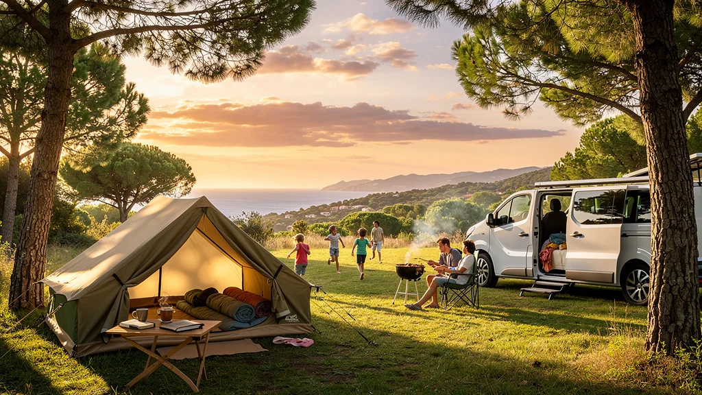 Camping Sardane Argelès vue panoramique hyper-réaliste nature et détente en plein air au coucher du soleil