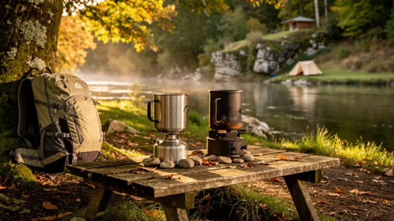 Comparaison hyperréaliste de réchauds gaz et bois sur bivouacs le long du Célé en pleine nature