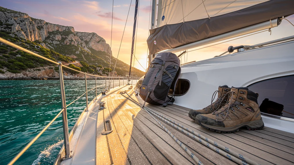 Bateau de croisirando au coucher de soleil avec sentiers côtiers et équipements de randonnée sur le pont