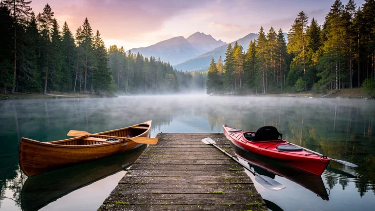 Image hyperréaliste d’un canoë et d’un kayak au lever du soleil sur un lac paisible