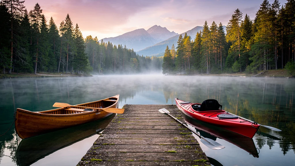 Image hyperréaliste d’un canoë et d’un kayak au lever du soleil sur un lac paisible