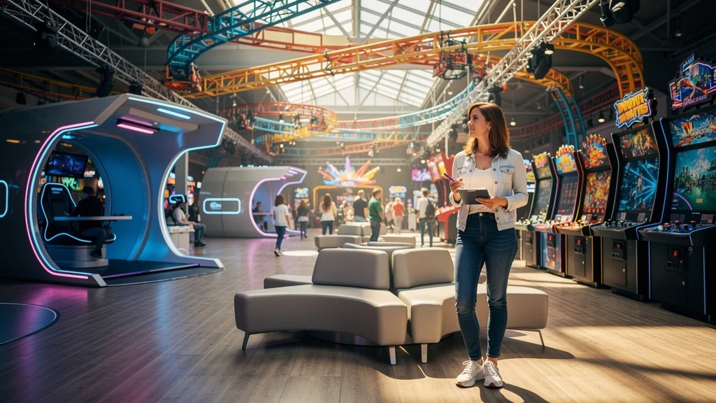 Intérieur ultra-réaliste d’Europark Indoor avec une femme écrivaine en pleine observation
