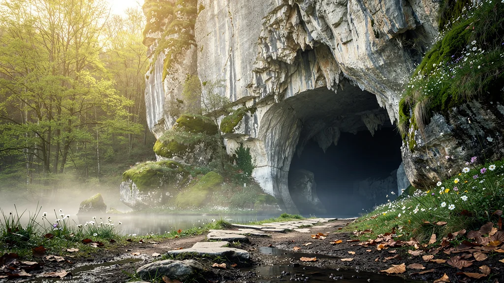 Entrée hyper-réaliste des grottes du Lot avec lumière douce et nature luxuriante en 8K