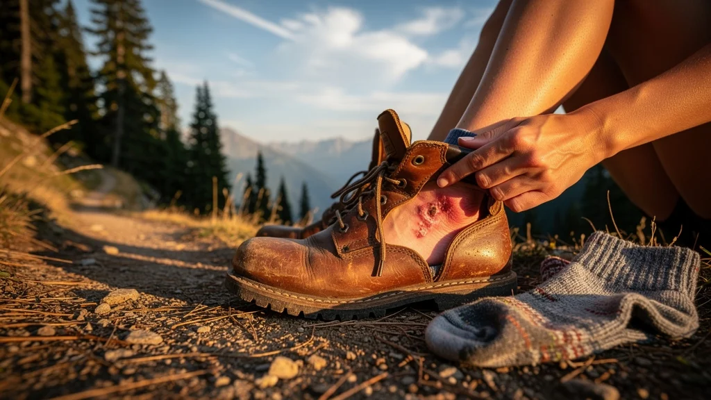Femme avec ampoules aux pieds sur un sentier de randonnée, illustrant l'importance des sur-chaussettes