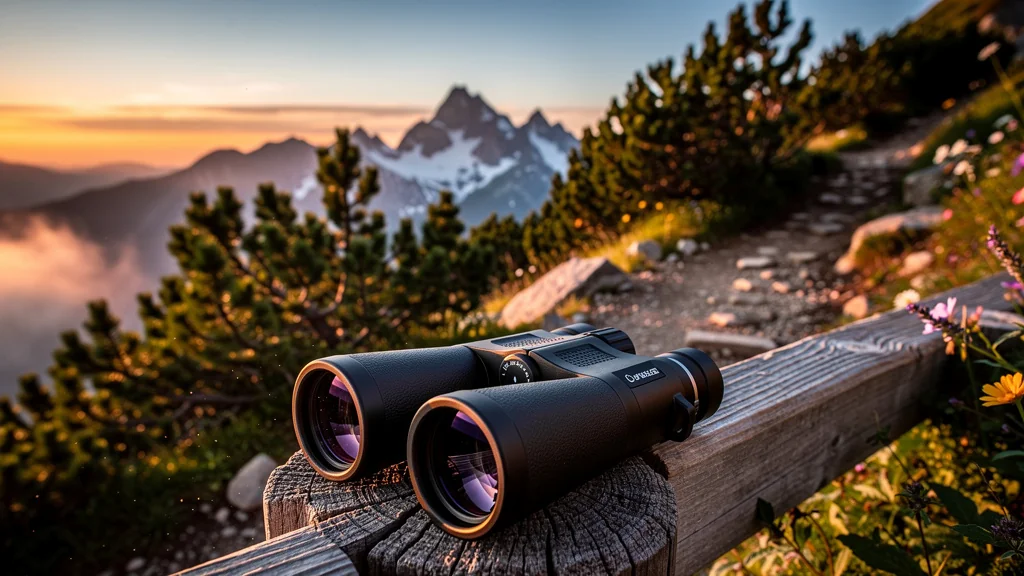 Binoculaires de randonnée posées sur une rambarde en bois avec paysage de montagne au coucher du soleil