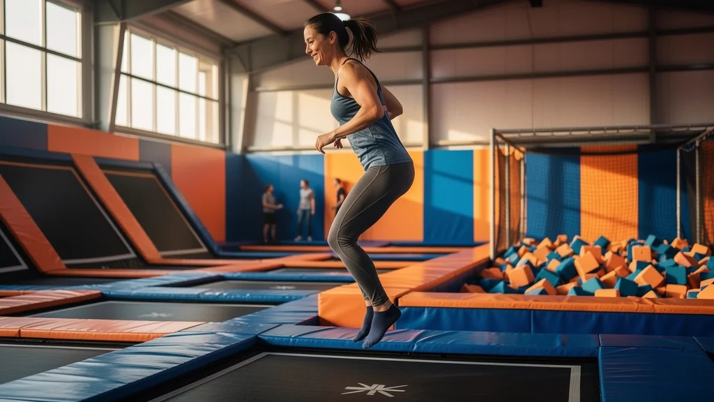 Intérieur ultra-réaliste d'un jump arena dynamique avec femme sportive sautant dans un espace moderne