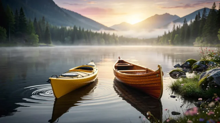 Photo réaliste kayak et canoe sur lac paisible au lever du soleil entouré de forêt et montagnes
