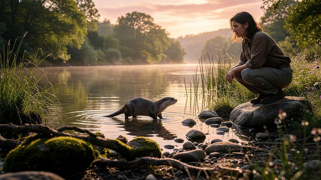 Femme observant une loutre sur les berges du Célé au lever du jour dans un paysage naturel paisible