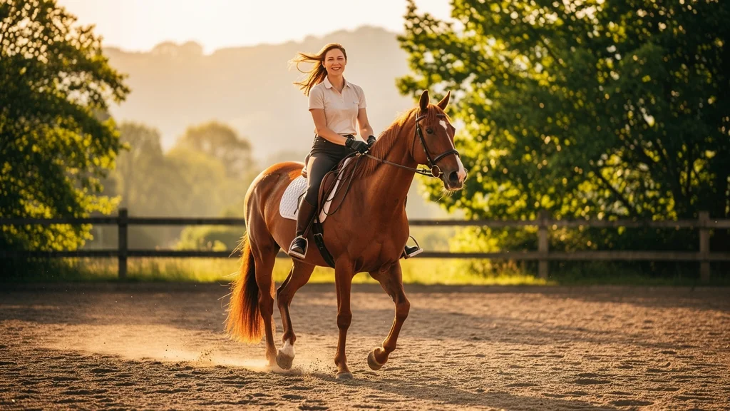 Jeune femme débutante heureuse menant Gustave à cheval pour la première fois avec un grand sourire