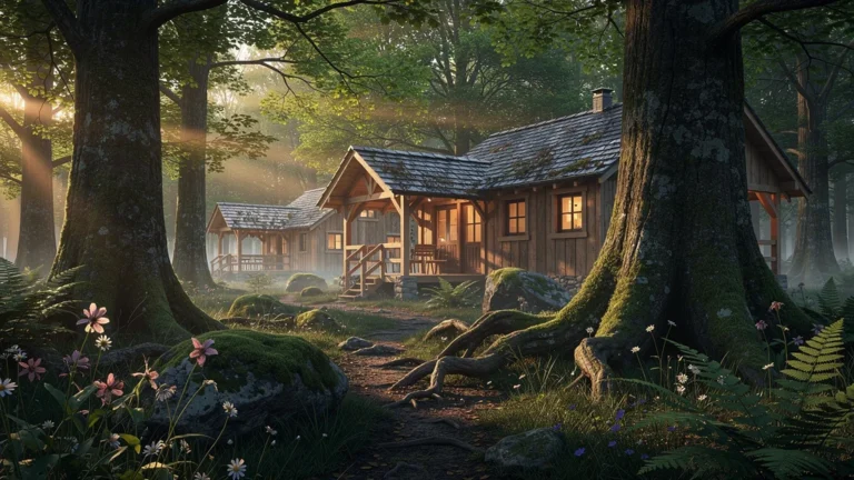 Cabanes du Varon en forêt verdoyante au lever du jour, ambiance paisible et nature authentique