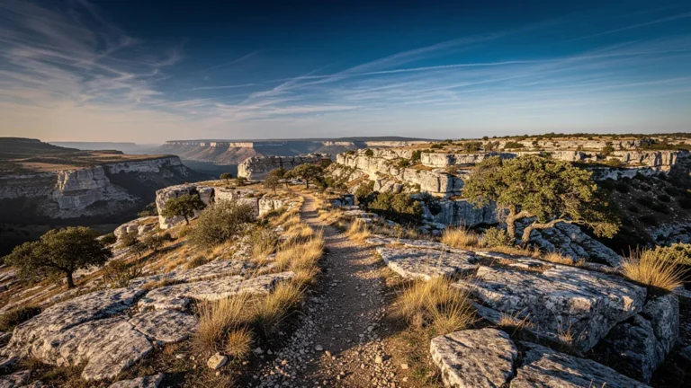 Paysage photoréaliste des causses avec plateaux calcaires et végétation sous lumière dorée