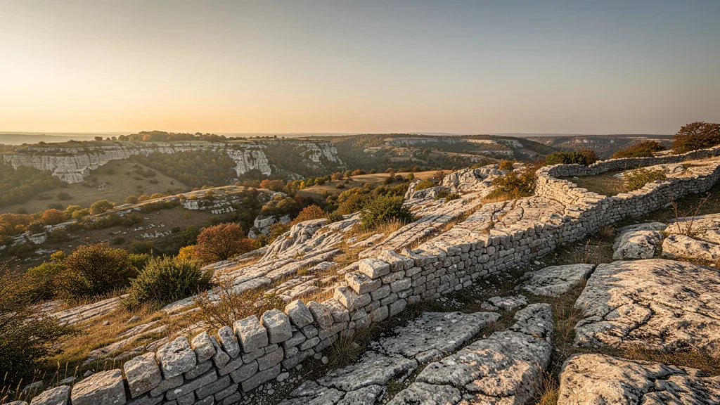 Panorama hyper-réaliste des Causses du Quercy au coucher de soleil avec reliefs calcaires et végétation sauvage