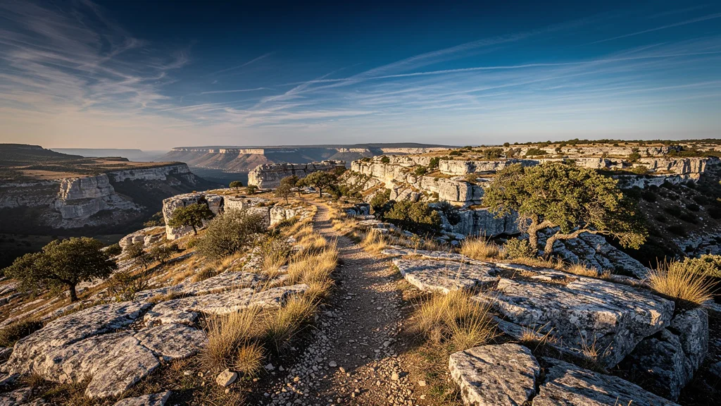 Paysage photoréaliste des causses avec plateaux calcaires et végétation sous lumière dorée
