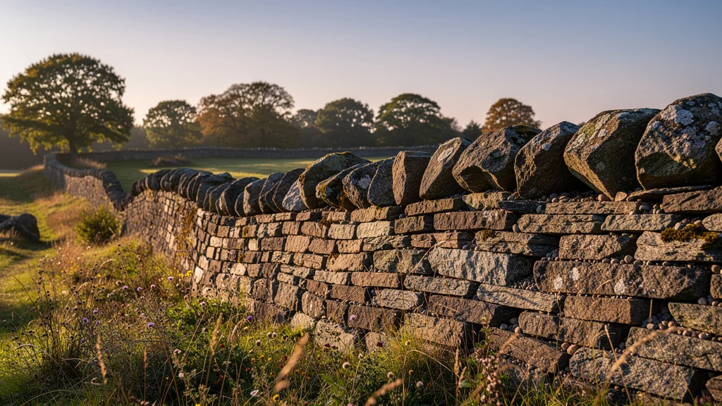 Mur en pierre sèche robuste et durable en paysage rural après 2 ans d’exposition aux éléments naturels