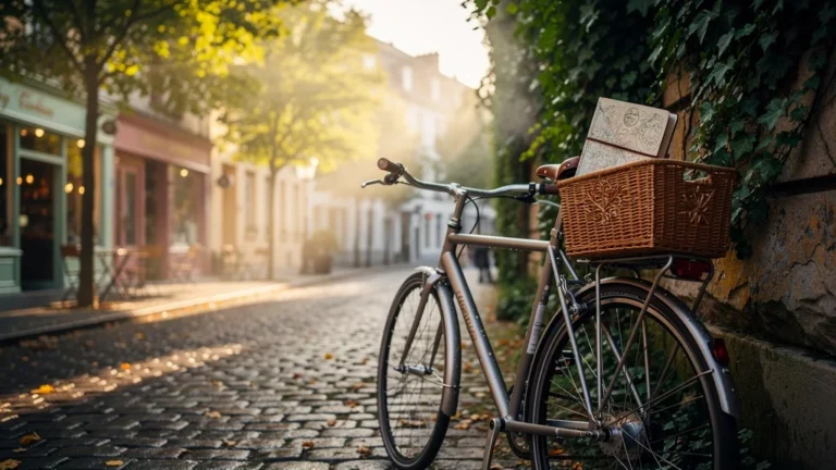 Photo réaliste d’un vélo moderne en ville au lever du soleil, symbole de l’expérience my velo