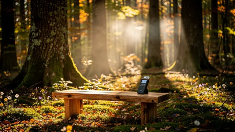 Scène hyperréaliste forêt bois naturel avec banc en bois et appareil de mesure pour concept nature bois