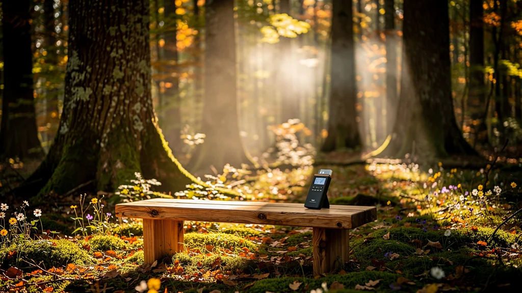 Scène hyperréaliste forêt bois naturel avec banc en bois et appareil de mesure pour concept nature bois