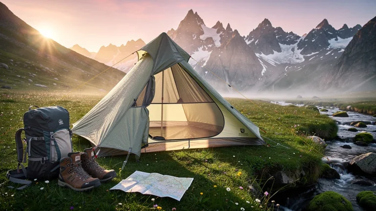 Tente randonnée installée en montagne au lever du jour avec équipement de randonnée et paysage naturel
