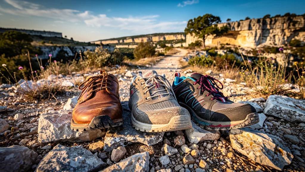 Trois paires de chaussures de marche testées sur sentiers caillouteux du causse, paysage naturel détaillé