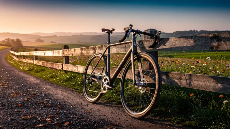 Vélo Brival posé sur un sentier rural ensoleillé au coucher du soleil, paysage naturel paisible et lumineux