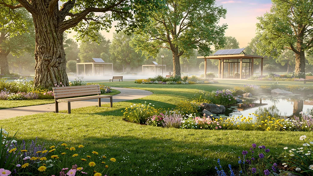 Vue hyperréaliste de Weeky Parc après 30 jours d'autonomie et d'efficacité, paysage naturel et installations écologiques